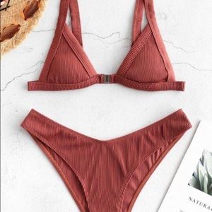 ZAFUL Ribbed Front Closure Bikini Set - Sepia S